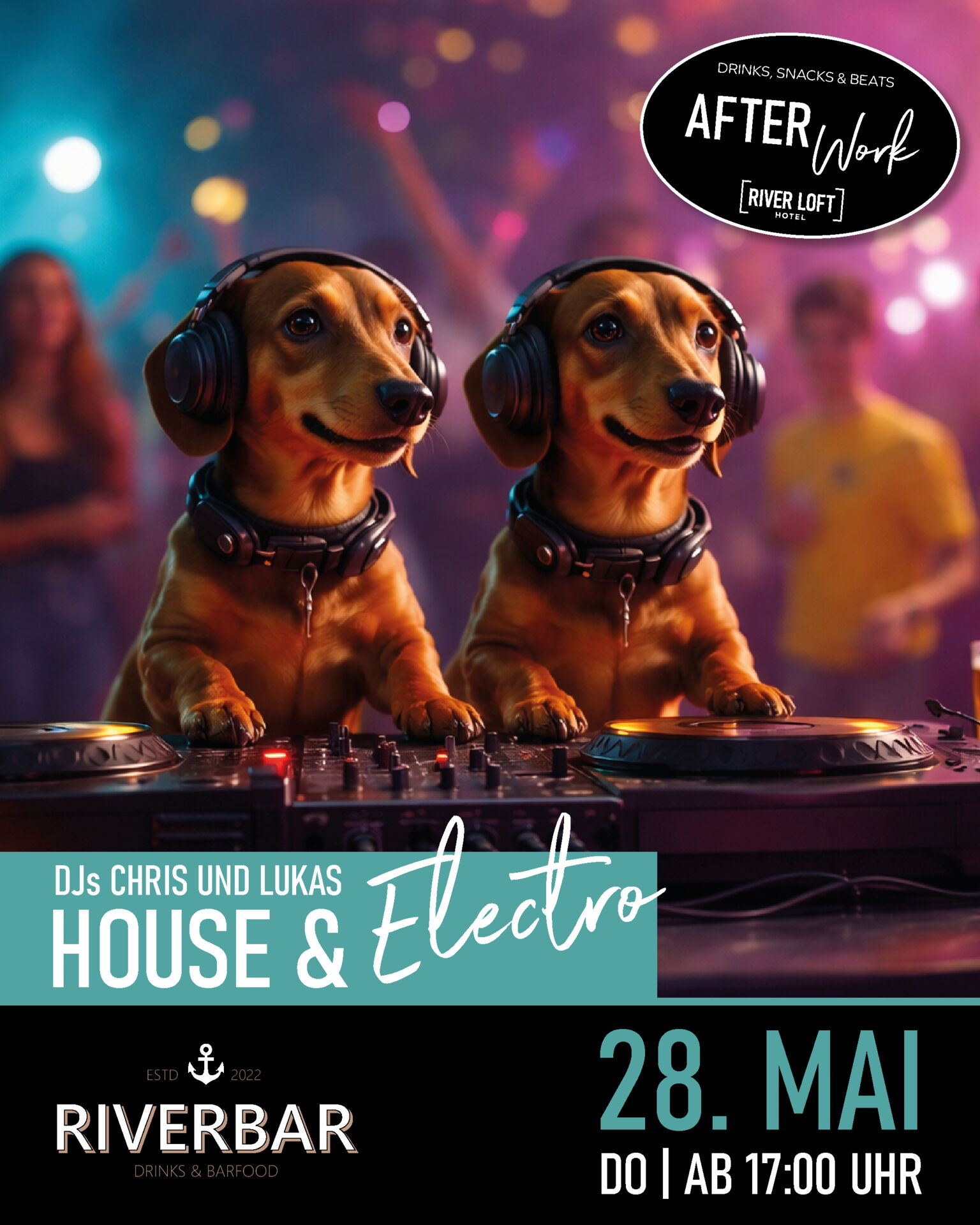 Werbung für ein Afterwork-Events mit zwei Dackeln am DJ-Pult, beworben für den 28. Mai mit den DJs Chris und Lukas und dem Motto House & Electro.