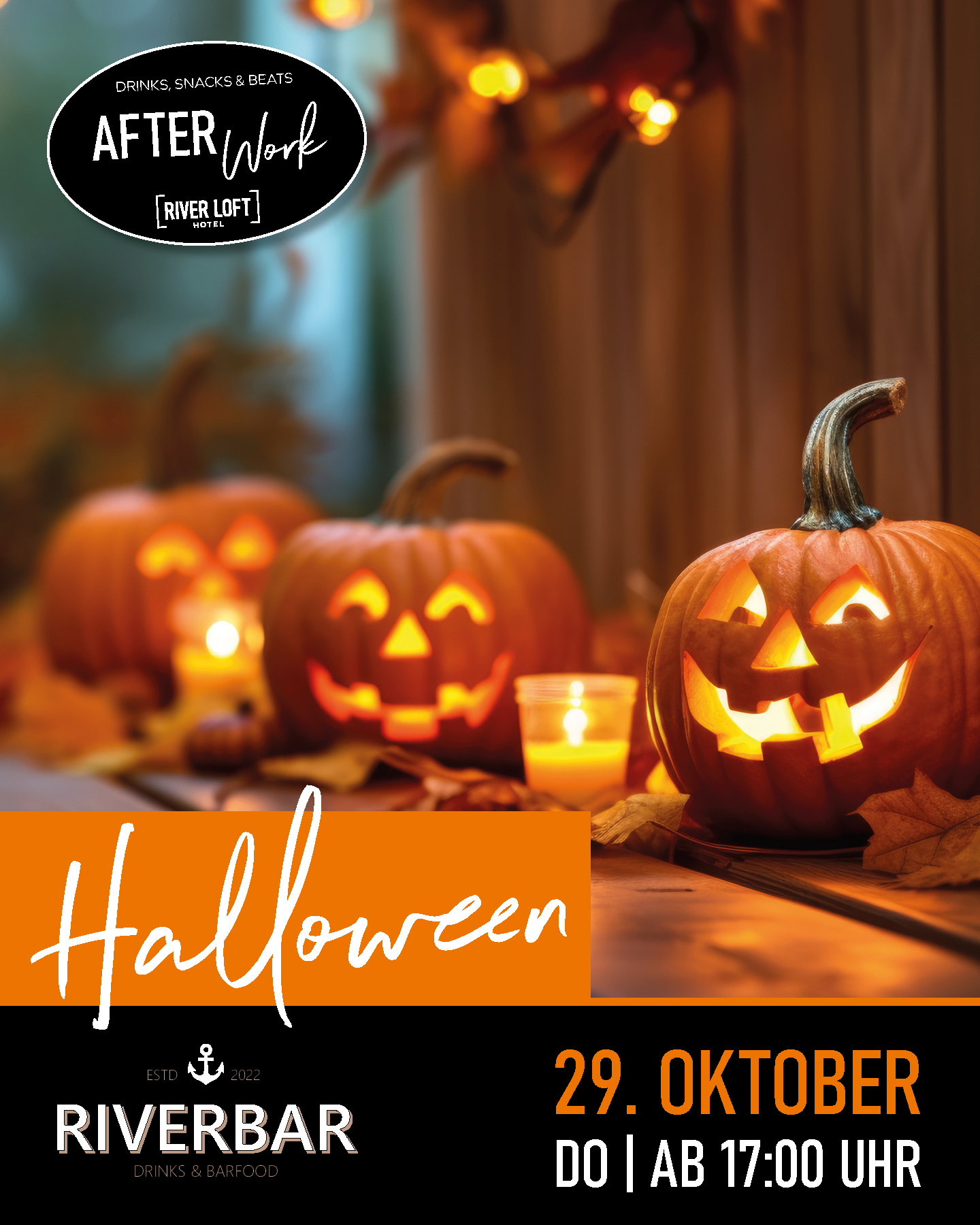 Advertisement for an after-work event scheduled for October 29 with the theme “Halloween” starting at 5:00 p.m.